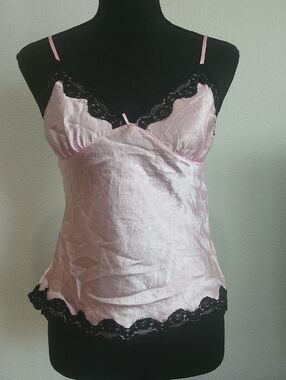 No Boundaries Pink Satin Camisole with Black Lace Trim